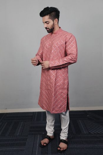ATTRACTIVE SOFT SILK SILVER AND MATE SEQUENCE WITH EMBROIDERY WORK KURTA PAYJAMA PINK