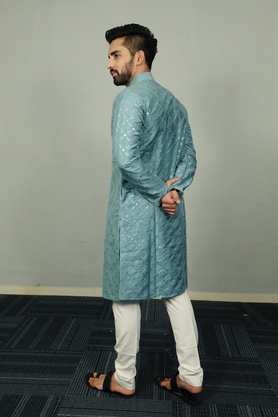 ATTRACTIVE SOFT SILK SILVER AND MATE SEQUENCE WITH EMBROIDERY WORK KURTA PAYJAMA PARTY WEAR WHOLESALE PRICE ETHNIC GARMENT (36)