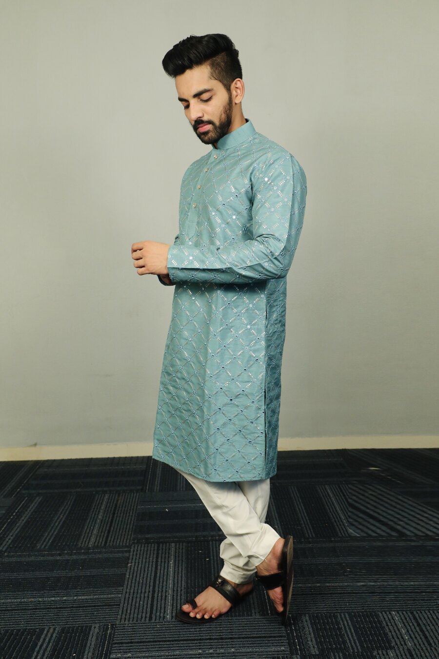 ATTRACTIVE SOFT SILK SILVER AND MATE SEQUENCE WITH EMBROIDERY WORK KURTA PAYJAMA PARTY WEAR WHOLESALE PRICE ETHNIC GARMENT (37)