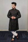 ATTRACTIVE SOFT SILK SILVER AND MATE SEQUENCE WITH EMBROIDERY WORK KURTA PAYJAMA BLACK