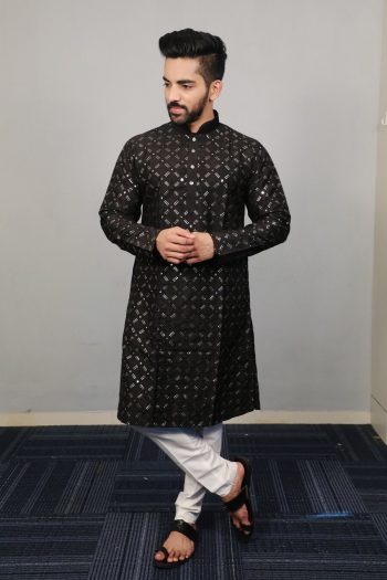 ATTRACTIVE SOFT SILK SILVER AND MATE SEQUENCE WITH EMBROIDERY WORK KURTA PAYJAMA BLACK
