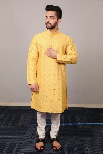 ATTRACTIVE SOFT SILK SILVER AND MATE SEQUENCE WITH EMBROIDERY WORK KURTA PAYJAMA YELLOW