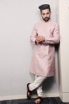 ATTRACTIVE SOFT SILK SILVER AND MATE SEQUENCE WITH EMBROIDERY WORK KURTA PAYJAMA PEACH