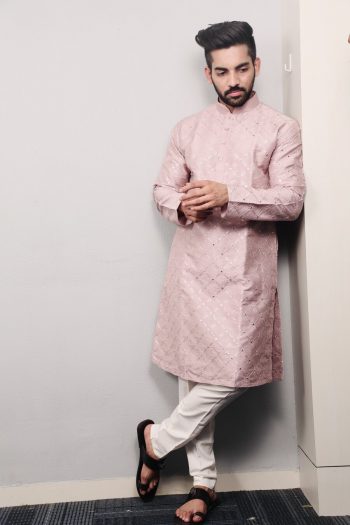 ATTRACTIVE SOFT SILK SILVER AND MATE SEQUENCE WITH EMBROIDERY WORK KURTA PAYJAMA PEACH