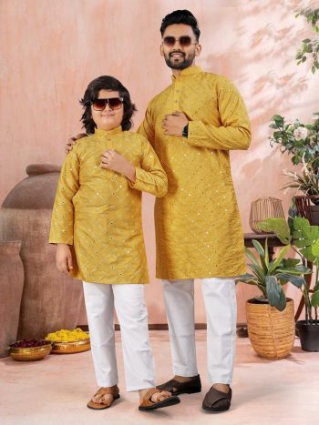ATTRACTIVE SOFT SILK SILVER AND MATE SEQUENCE WITH EMBROIDERY WORK MEN'S AND KID’S COMBO KURTA PAYJAMA YELLOW