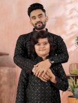 ATTRACTIVE SOFT SILK SILVER AND MATE SEQUENCE WITH EMBROIDERY WORK MEN’S AND KID’S COMBO KURTA PAYJAMA PARTY WEAR WHOLESALE PRICE ETHNIC GARMENT (33)