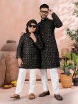 ATTRACTIVE SOFT SILK SILVER AND MATE SEQUENCE WITH EMBROIDERY WORK MEN’S AND KID’S COMBO KURTA PAYJAMA PARTY WEAR WHOLESALE PRICE ETHNIC GARMENT (33)