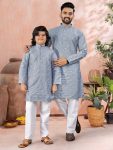 ATTRACTIVE SOFT SILK SILVER AND MATE SEQUENCE WITH EMBROIDERY WORK MEN'S AND KID’S COMBO KURTA PAYJAMA SKY