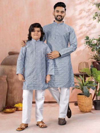 ATTRACTIVE SOFT SILK SILVER AND MATE SEQUENCE WITH EMBROIDERY WORK MEN'S AND KID’S COMBO KURTA PAYJAMA SKY