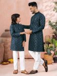 ATTRACTIVE SOFT SILK SILVER AND MATE SEQUENCE WITH EMBROIDERY WORK MEN’S AND KID’S COMBO KURTA PAYJAMA PARTY WEAR WHOLESALE PRICE ETHNIC GARMENT (36)