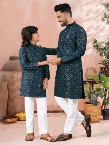 ATTRACTIVE SOFT SILK SILVER AND MATE SEQUENCE WITH EMBROIDERY WORK MEN'S AND KID’S COMBO KURTA PAYJAMA TEAL