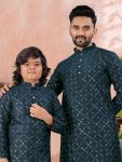 ATTRACTIVE SOFT SILK SILVER AND MATE SEQUENCE WITH EMBROIDERY WORK MEN’S AND KID’S COMBO KURTA PAYJAMA PARTY WEAR WHOLESALE PRICE ETHNIC GARMENT (36)