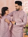 ATTRACTIVE SOFT SILK SILVER AND MATE SEQUENCE WITH EMBROIDERY WORK MEN’S AND KID’S COMBO KURTA PAYJAMA PARTY WEAR WHOLESALE PRICE ETHNIC GARMENT (39)
