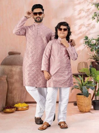 ATTRACTIVE SOFT SILK SILVER AND MATE SEQUENCE WITH EMBROIDERY WORK MEN'S AND KID’S COMBO KURTA PAYJAMA BABY PINK