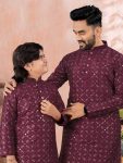 ATTRACTIVE SOFT SILK SILVER AND MATE SEQUENCE WITH EMBROIDERY WORK MEN’S AND KID’S COMBO KURTA PAYJAMA PARTY WEAR WHOLESALE PRICE ETHNIC GARMENT (41)
