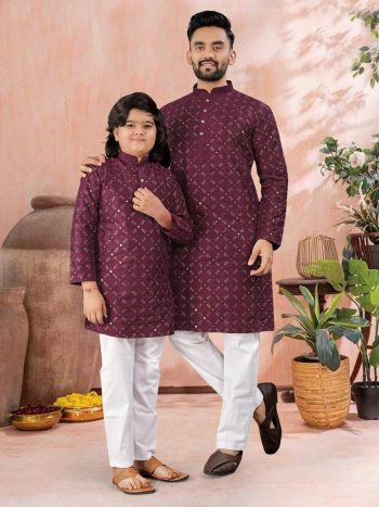 ATTRACTIVE SOFT SILK SILVER AND MATE SEQUENCE WITH EMBROIDERY WORK MEN'S AND KID’S COMBO KURTA PAYJAMA WINE