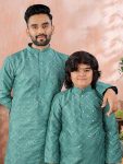 ATTRACTIVE SOFT SILK SILVER AND MATE SEQUENCE WITH EMBROIDERY WORK MEN’S AND KID’S COMBO KURTA PAYJAMA PARTY WEAR WHOLESALE PRICE ETHNIC GARMENT (43)