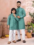 ATTRACTIVE SOFT SILK SILVER AND MATE SEQUENCE WITH EMBROIDERY WORK MEN'S AND KID’S COMBO KURTA PAYJAMA RAMA