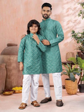 ATTRACTIVE SOFT SILK SILVER AND MATE SEQUENCE WITH EMBROIDERY WORK MEN'S AND KID’S COMBO KURTA PAYJAMA RAMA