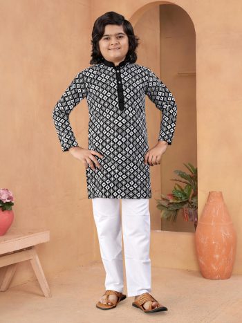 ATTRACTIVE SOFT SILK WHITE EMBROIDERY THREAD WORK WITH MULTI SEQUENCE KID'S KURTA PAYJAMA BLACK