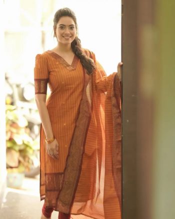 ATTRACTIVE SOUTH COTTON FANCY LACE WORK TOP BOTTOM WITH DUPATTA ORANGE