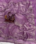 ATTRACTIVE SPACE SILK JARKAN DIAMOND HANDWORK SAREE WITH UNSTITCHED BLOUSE LAVENDER
