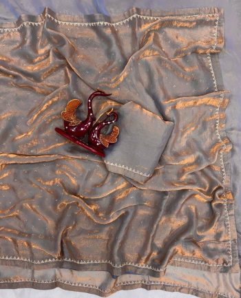ATTRACTIVE SPACE SILK JARKAN DIAMOND HANDWORK SAREE WITH UNSTITCHED BLOUSE CREAM
