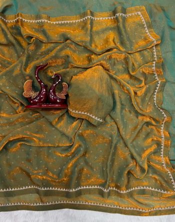 ATTRACTIVE SPACE SILK JARKAN DIAMOND HANDWORK SAREE WITH UNSTITCHED BLOUSE GREEN