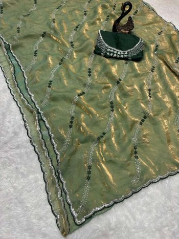 ATTRACTIVE SPACE SILK SEQUENCE AND ZARI EMBROIDERY WORK SAREE WITH UNSTITCHED BLOUSE GREEN