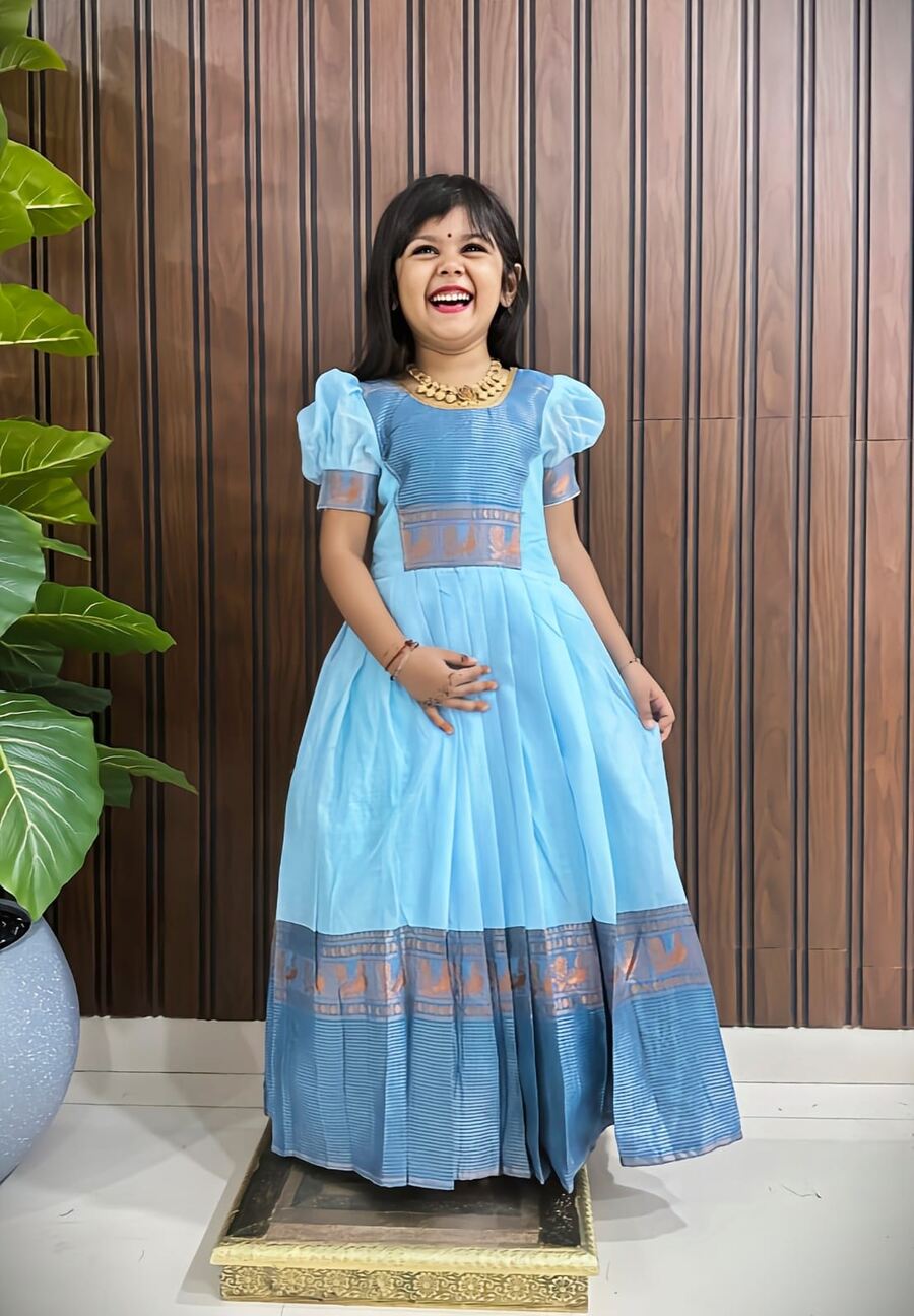 ATTRACTIVE SPUN COTTON ZARI WEAVING WORK KID'S GOWN FESTIVAL WEAR WHOLESALE PRICE ETHNIC GARMENT (13)