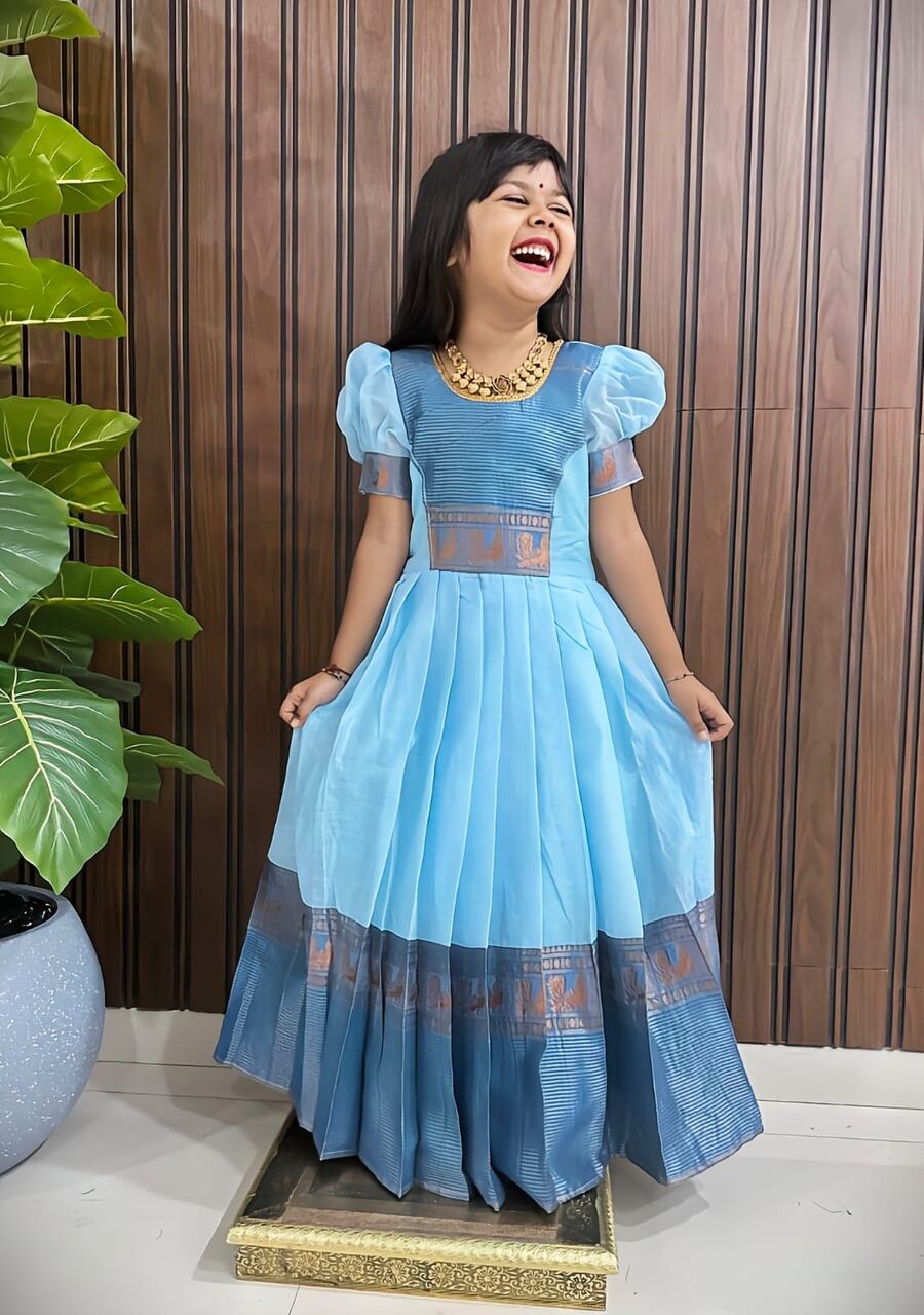 ATTRACTIVE SPUN COTTON ZARI WEAVING WORK KID'S GOWN FESTIVAL WEAR WHOLESALE PRICE ETHNIC GARMENT (8)