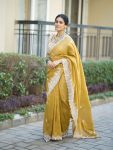 ATTRACTIVE TABBY SILK SEQUENCE AND CODING EMBROIDERY WORK SAREE WITH UNSTITCHED BLOUSE YELLOW