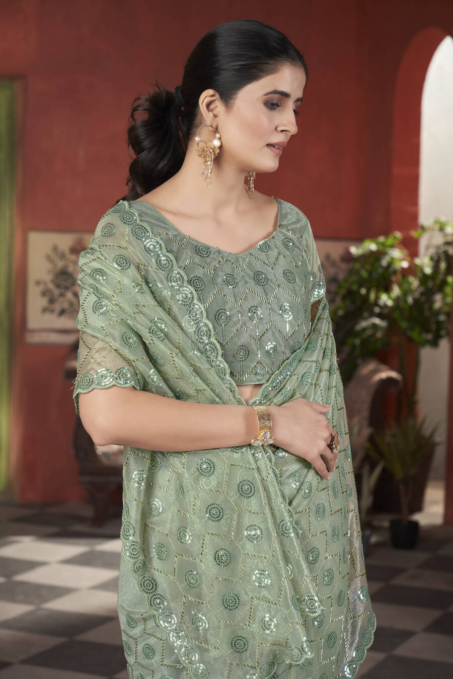 ATTRACTIVE TISSUE NET SEQUENCE & PITE WORK WITH THREAD EMBROIDERY WORK SAREE WITH UNSTITCHED BLOUSE WEDDING WEAR WHOLESALE PRICE ETHNIC GARMENT (1)