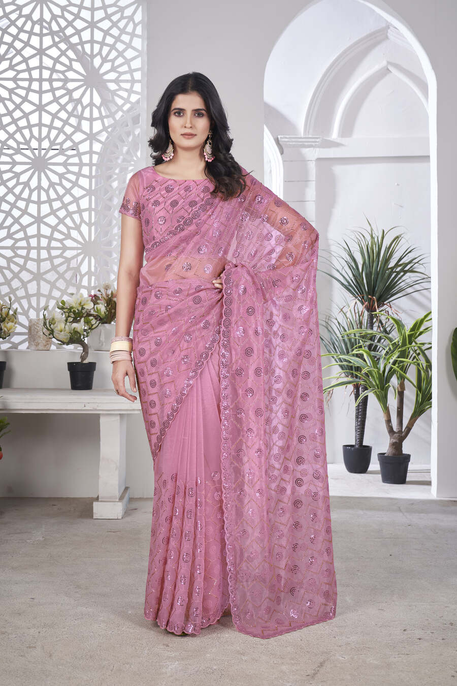 ATTRACTIVE TISSUE NET SEQUENCE & PITE WORK WITH THREAD EMBROIDERY WORK SAREE WITH UNSTITCHED BLOUSE WEDDING WEAR WHOLESALE PRICE ETHNIC GARMENT (10)
