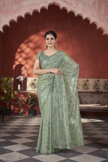 ATTRACTIVE TISSUE NET SEQUENCE & PITE WORK WITH THREAD EMBROIDERY WORK SAREE WITH UNSTITCHED BLOUSE GREEN