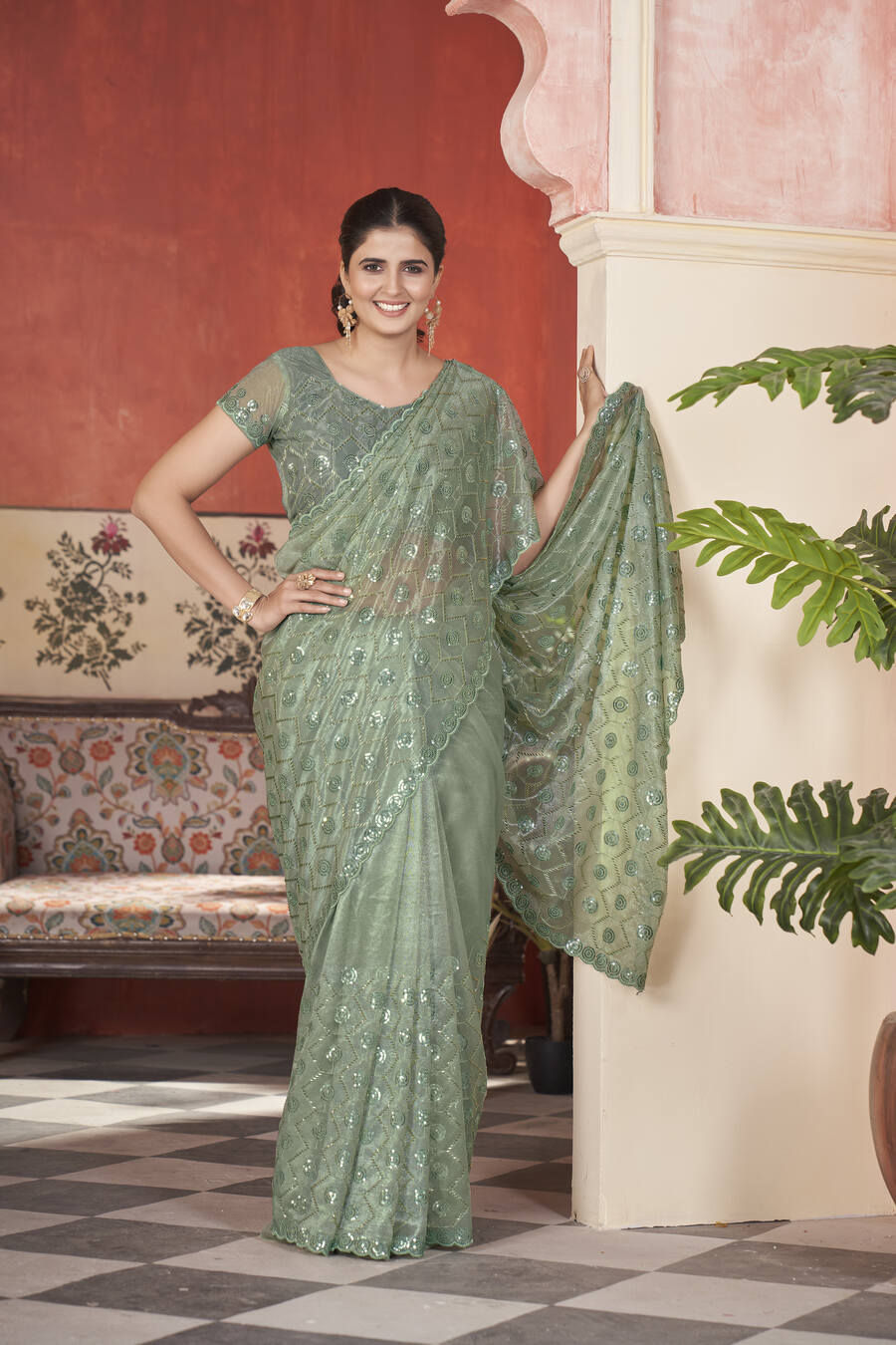 ATTRACTIVE TISSUE NET SEQUENCE & PITE WORK WITH THREAD EMBROIDERY WORK SAREE WITH UNSTITCHED BLOUSE WEDDING WEAR WHOLESALE PRICE ETHNIC GARMENT (16)