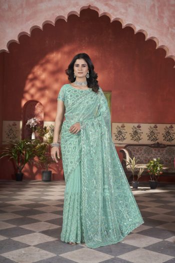 ATTRACTIVE TISSUE NET SEQUENCE & PITE WORK WITH THREAD EMBROIDERY WORK SAREE WITH UNSTITCHED BLOUSE SKY