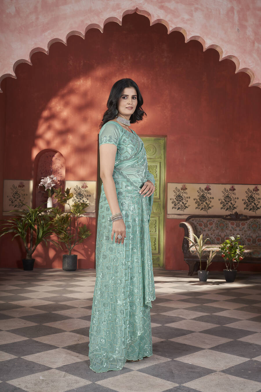 ATTRACTIVE TISSUE NET SEQUENCE & PITE WORK WITH THREAD EMBROIDERY WORK SAREE WITH UNSTITCHED BLOUSE WEDDING WEAR WHOLESALE PRICE ETHNIC GARMENT (3)