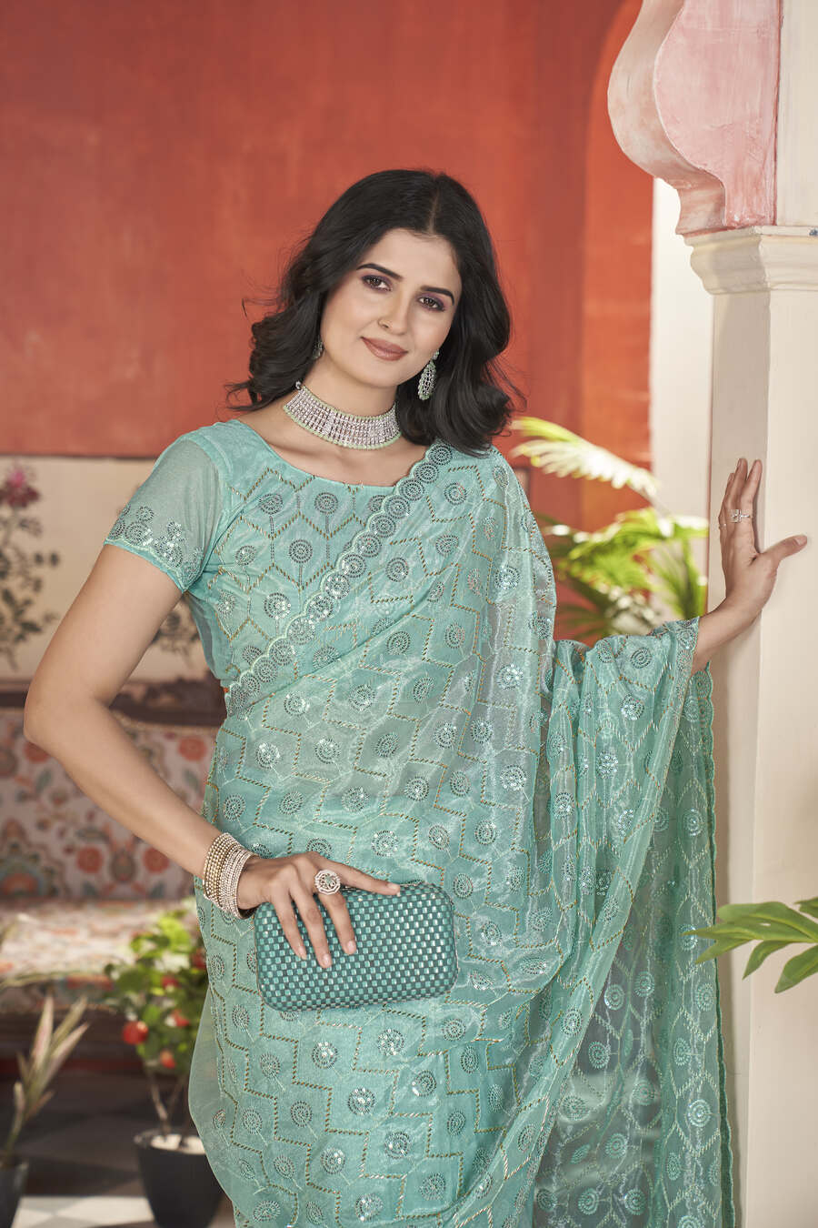 ATTRACTIVE TISSUE NET SEQUENCE & PITE WORK WITH THREAD EMBROIDERY WORK SAREE WITH UNSTITCHED BLOUSE WEDDING WEAR WHOLESALE PRICE ETHNIC GARMENT (5)