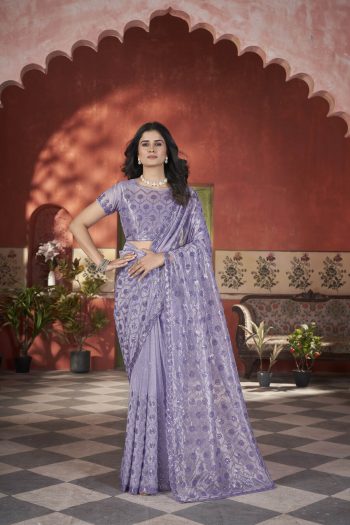 ATTRACTIVE TISSUE NET SEQUENCE & PITE WORK WITH THREAD EMBROIDERY WORK SAREE WITH UNSTITCHED BLOUSE LAVENDER