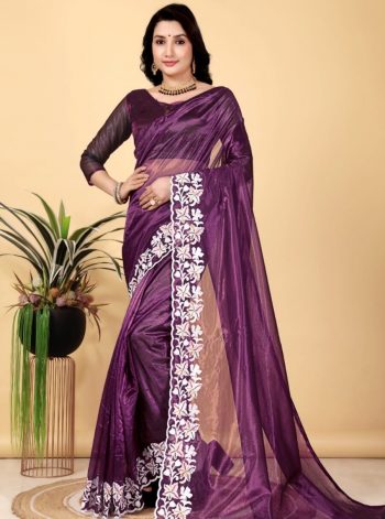 ATTRACTIVE TWILL NET MULTI WORK SAREE WITH UNSTITCHED BLOUSE PURPLE
