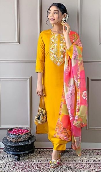 ATTRACTIVE VATICAN EMBROIDERY WORK TOP BOTTOM WITH DUPATTA YELLOW