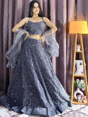ATTRACTIVE VELVET SEQUENCE WORK LEHENGA CHOLI WITH DUPATTA GREY