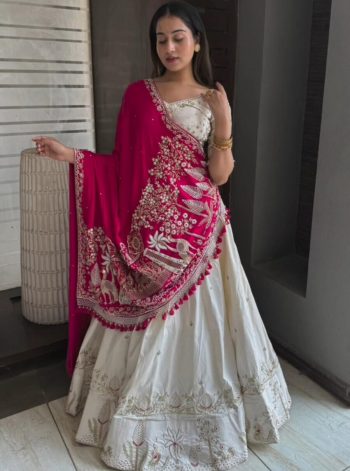 ATTRACTIVE VICHITRA SILK EMBROIDERY THREAD & SEQUENCE WORK LEHENGA CHOLI WITH DUPATTA WHITE