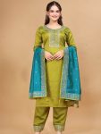 ATTRACTIVE VICHITRA SILK SEQUENCE CODING EMBROIDERY WORK TOP BOTTOM WITH DUPATTA PARTY WEAR WHOLESALE PRICE ETHNIC GARMENT (1)