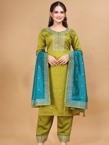 ATTRACTIVE VICHITRA SILK SEQUENCE CODING EMBROIDERY WORK TOP BOTTOM WITH DUPATTA PARROT GREEN