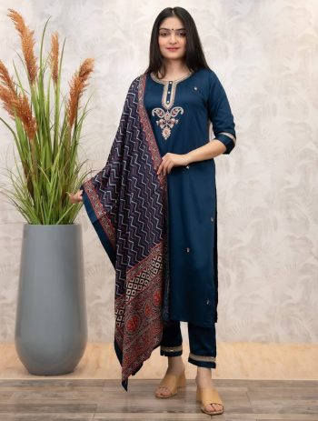 ATTRACTIVE VISCOSE CHANDERI SEQUENCE CODING EMBROIDERY WORK TOP BOTTOM WITH DUPATTA TEAL
