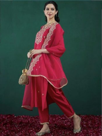 ATTRACTIVE VISCOSE CHANDERI SEQUENCE CODING EMBROIDERY WORK TOP BOTTOM WITH DUPATTA RED