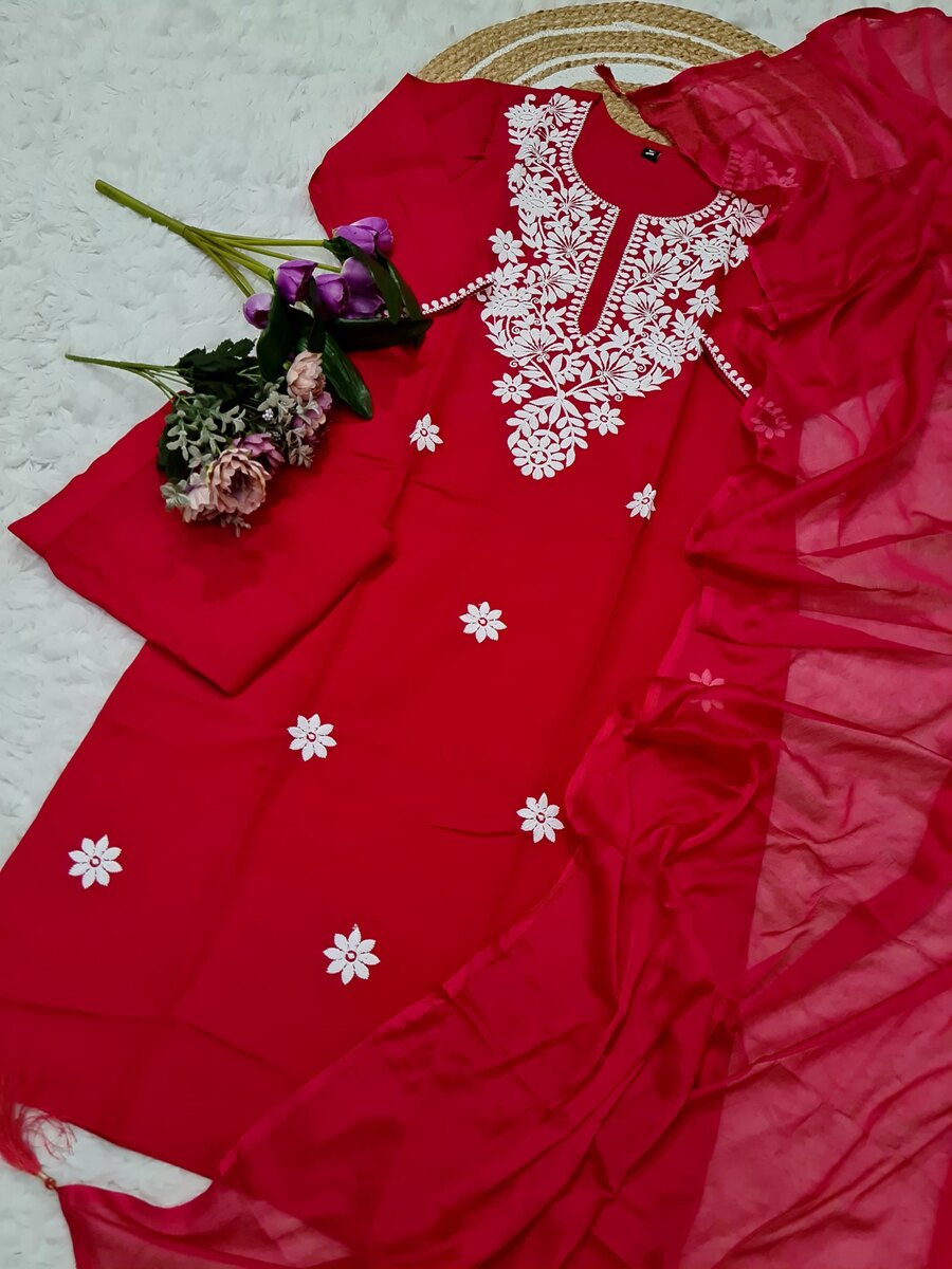 ATTRACTIVE VISCOSE CHANDERI SEQUENCE EMBROIDERY WORK TOP BOTTOM WITH DUPATTA FORMAL WEAR WHOLESALE PRICE ETHNIC GARMENT (1)