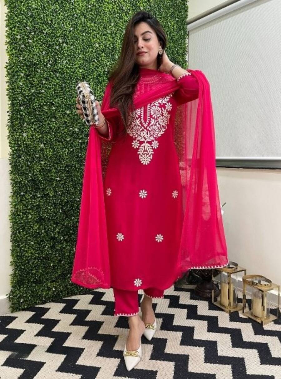 ATTRACTIVE VISCOSE CHANDERI SEQUENCE EMBROIDERY WORK TOP BOTTOM WITH DUPATTA FORMAL WEAR WHOLESALE PRICE ETHNIC GARMENT (5)